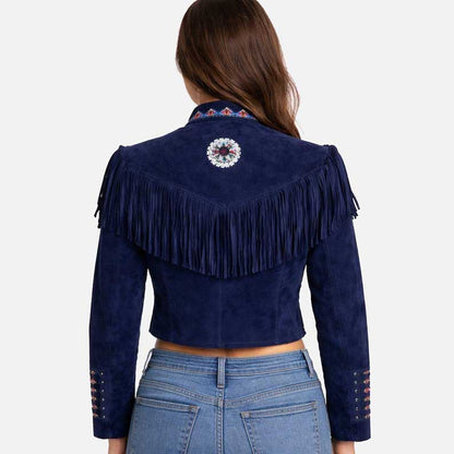 Best premium western boho suede jacket for women with fringe and embroidery by Glory Store