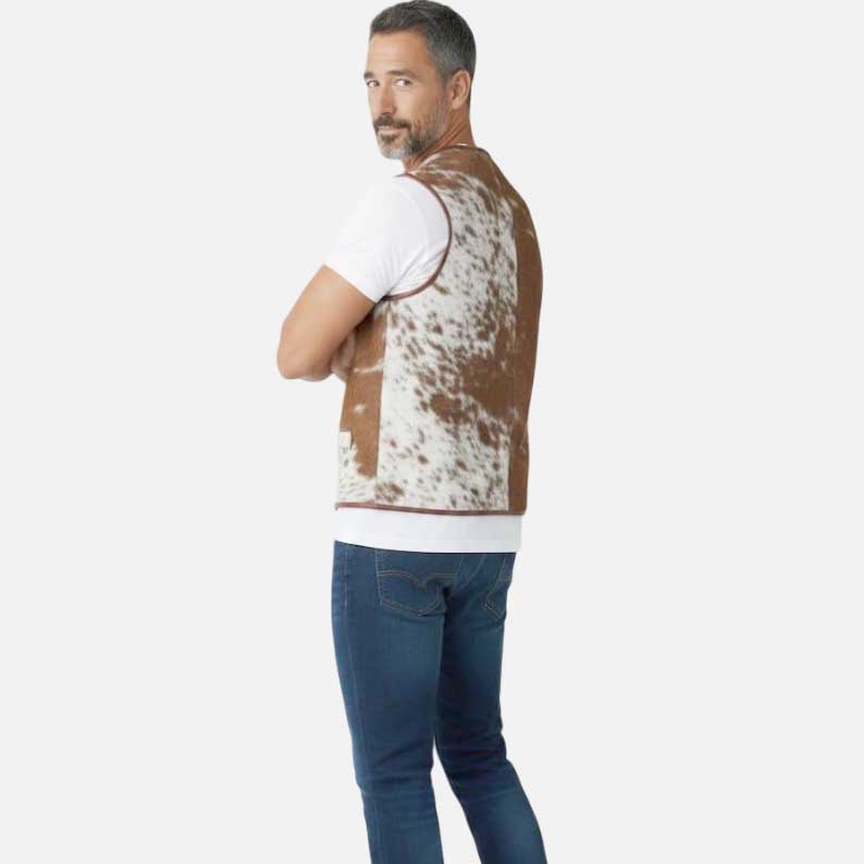 Best premium western cowhide leather vest for men with natural brown white pattern by Glory Store US