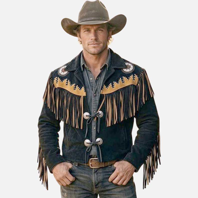 Best western fringe suede cowboy jacket for men with tassel detailing and vintage ranch style