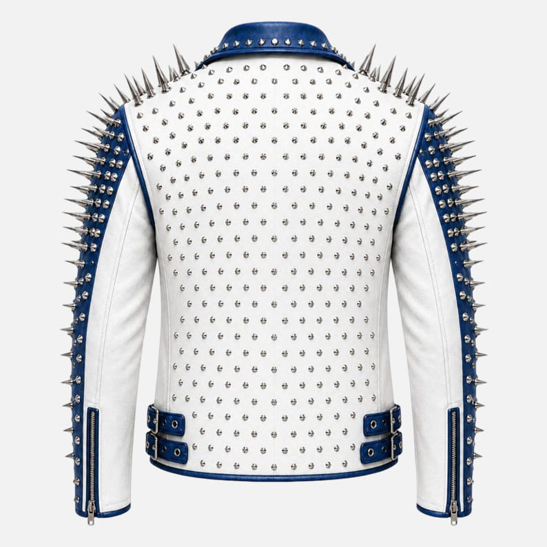 Best white and blue punk moto jacket for men with bold biker fashion styling