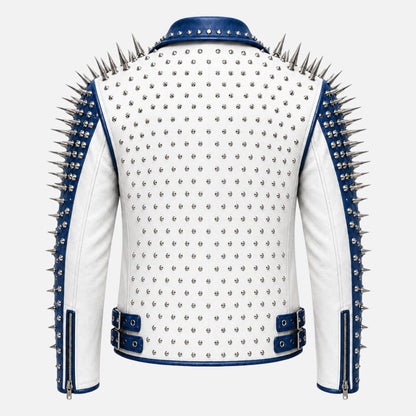 Best white and blue punk moto jacket for men with bold biker fashion styling