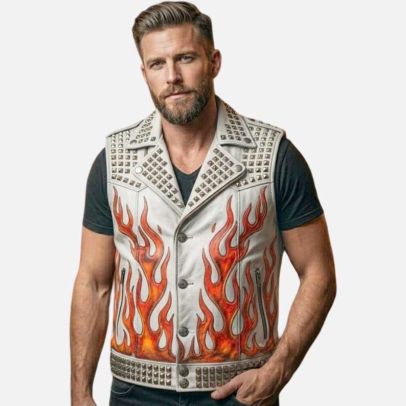 Best white hellfire skull leather biker vest for sale by Glory Store US studded punk design