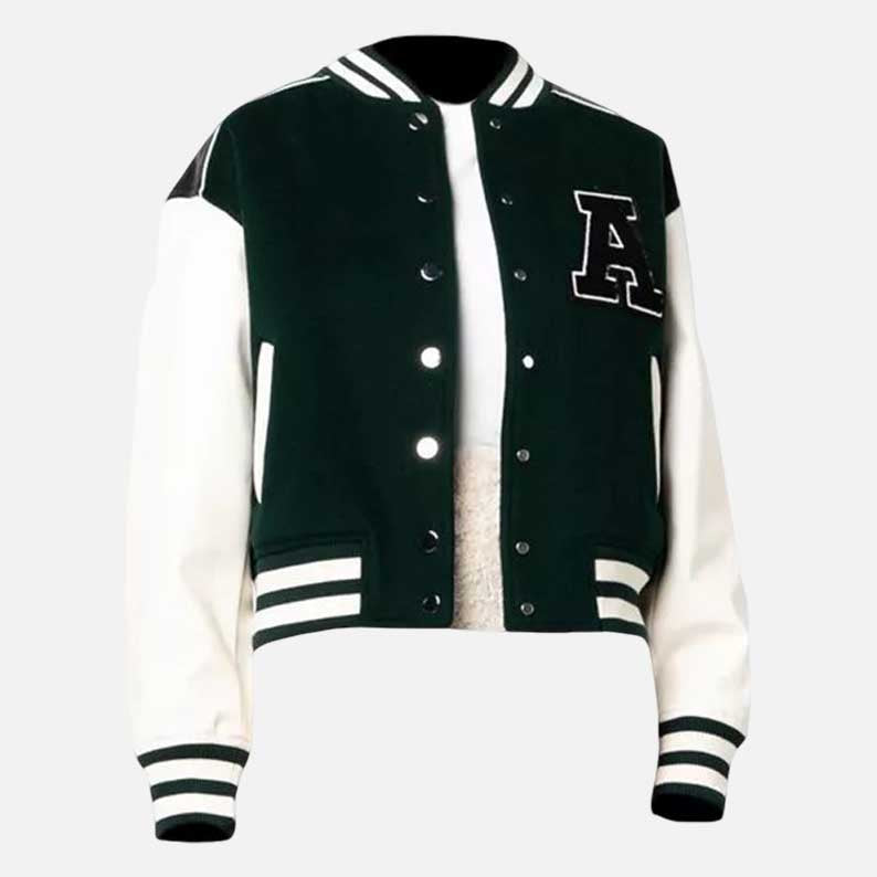 Best women baseball style jacket in green body with white sleeves