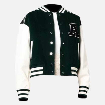 Best women baseball style jacket in green body with white sleeves