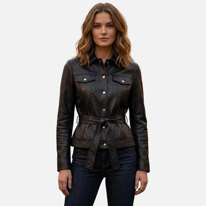 Best women black leather trucker jacket in premium genuine leather by Glory Store US