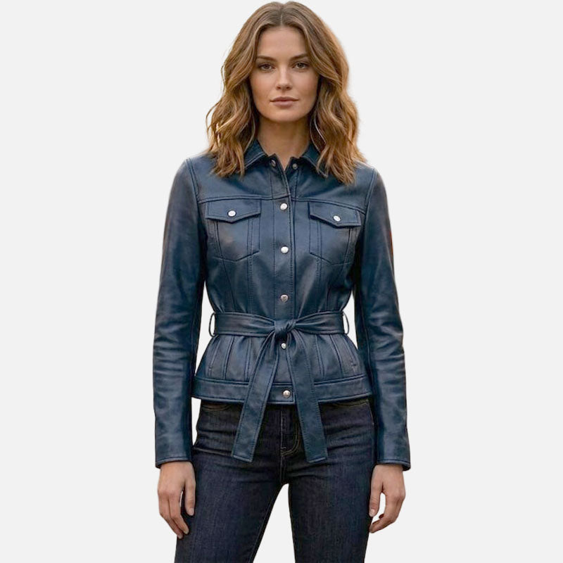 Best women blue leather trucker jacket in premium genuine leather by Glory Store US