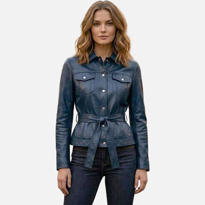 Best women blue leather trucker jacket in premium genuine leather by Glory Store US