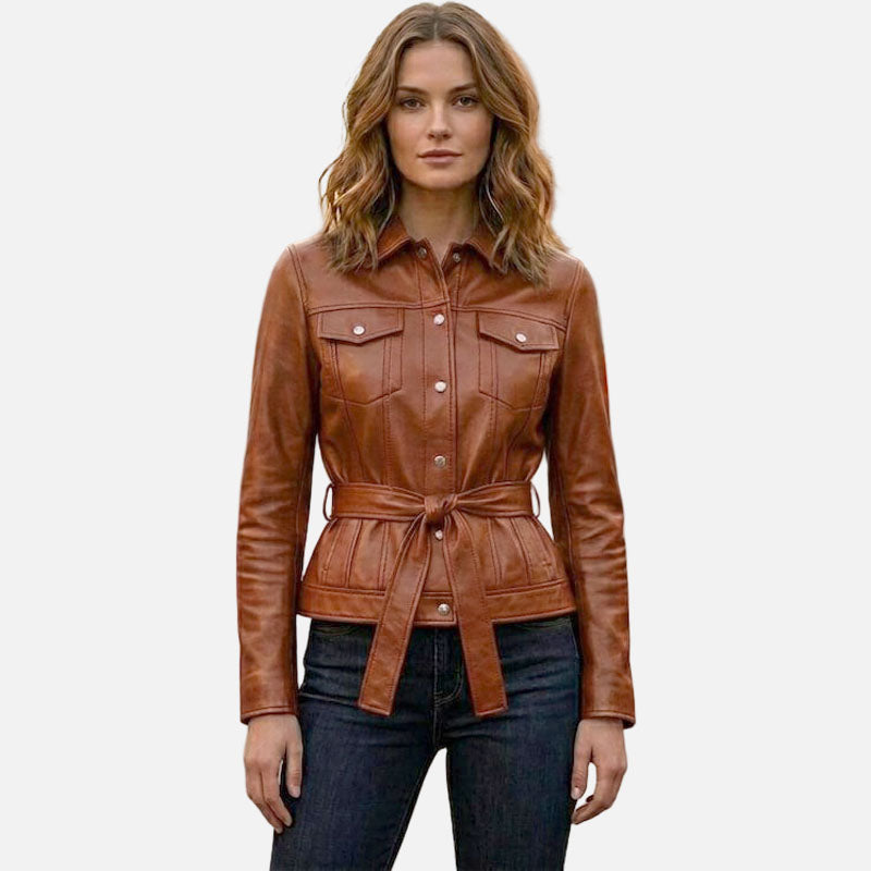 Best women brown leather trucker jacket in premium genuine leather by Glory Store US