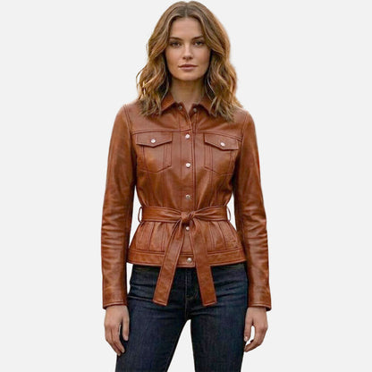Best women brown leather trucker jacket in premium genuine leather by Glory Store US