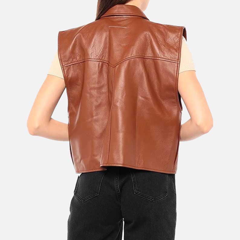 Best women real leather sleeveless vest in tan smooth finish