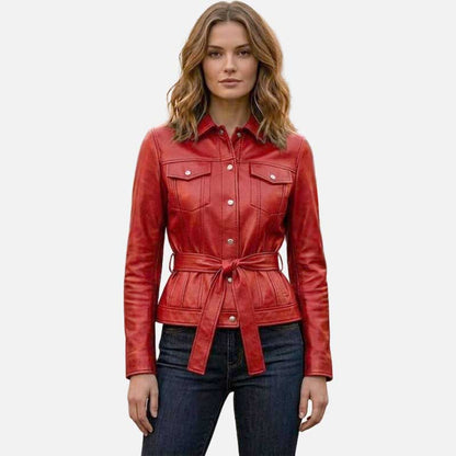 Best women red leather trucker jacket in premium genuine leather by Glory Store US
