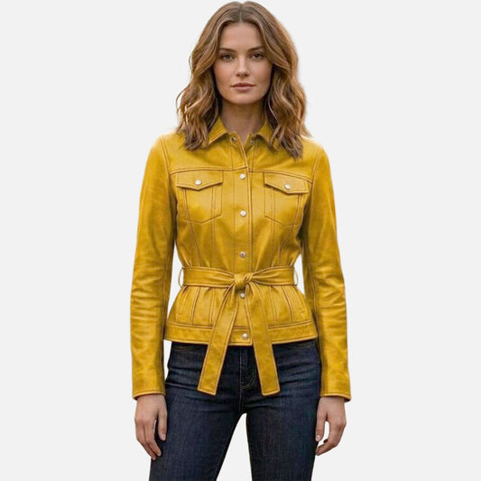 Best women yellow leather trucker jacket in premium genuine leather by Glory Store US