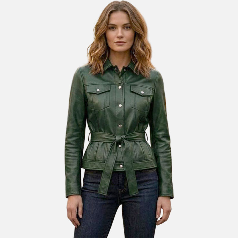 Best womens green leather trucker jacket with classic button up streetwear style by Glory Store US