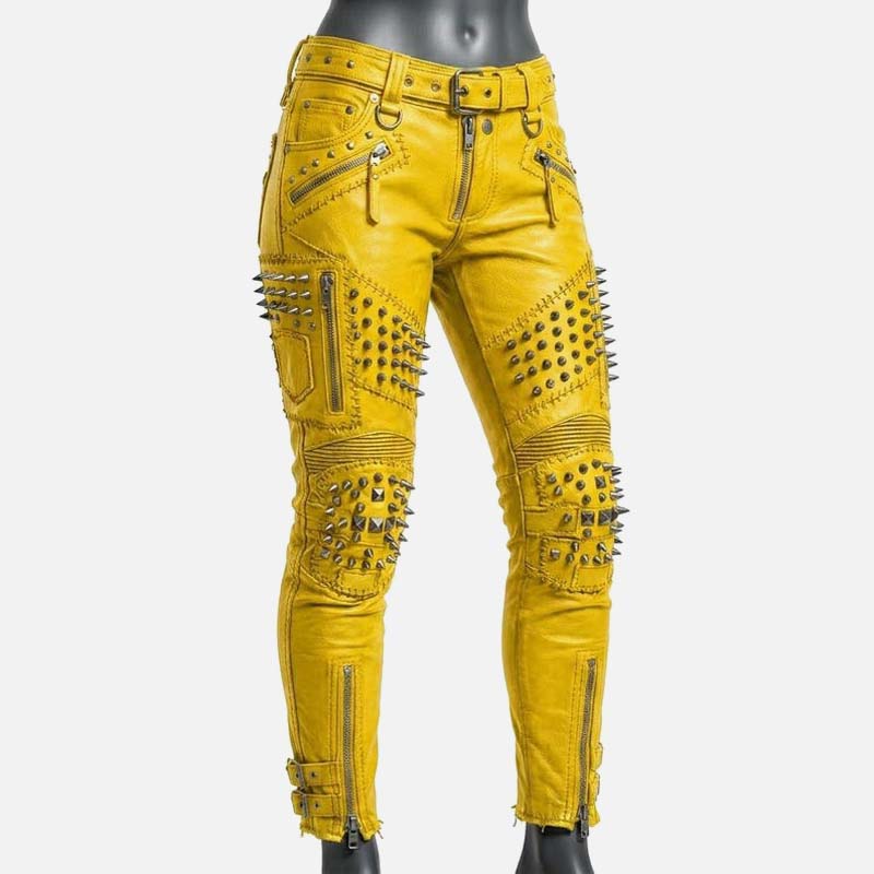 Best yellow studded leather pants for women with skinny biker fit and metal spike details