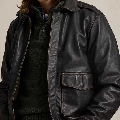 Black A2 Goatskin Leather Bomber Jacket