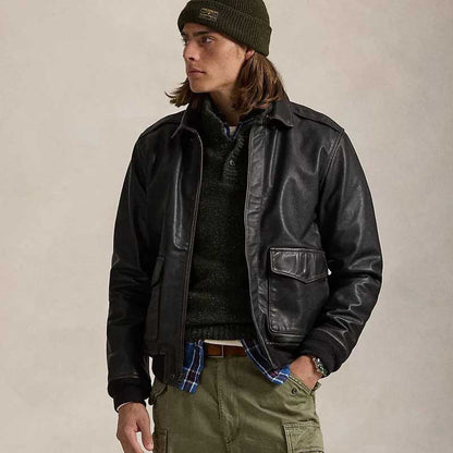 Black A2 Goatskin Leather Bomber Jacket