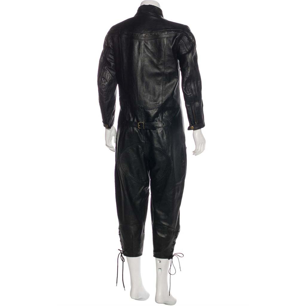 Women's Black Lambskin Leather Jumpsuit with Standing Collar