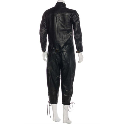 Women's Black Lambskin Leather Jumpsuit with Standing Collar