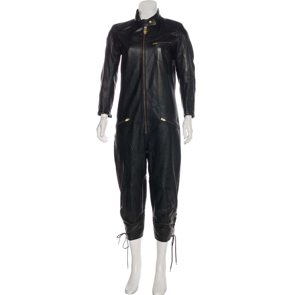 Women's Black Lambskin Leather Jumpsuit with Standing Collar