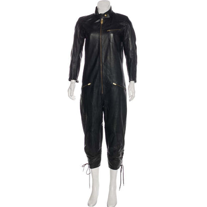 Women's Black Lambskin Leather Jumpsuit with Standing Collar