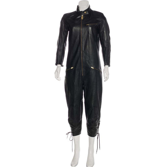 Women's Black Lambskin Leather Jumpsuit with Standing Collar