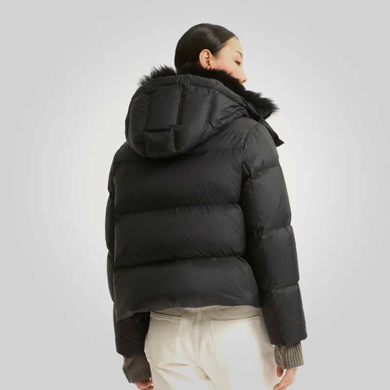 Black Down Puffer Jacket with Fur Lining for Women