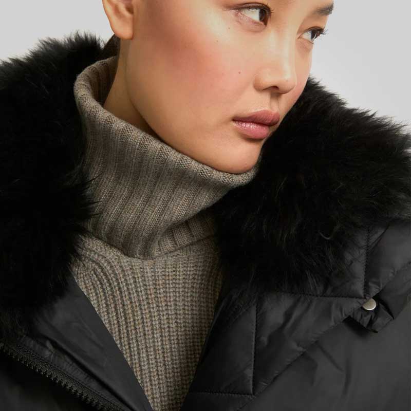 Black Down Puffer Jacket with Fur Lining for Women