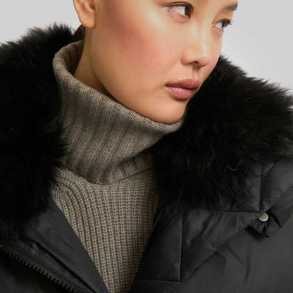 Black Down Puffer Jacket with Fur Lining for Women