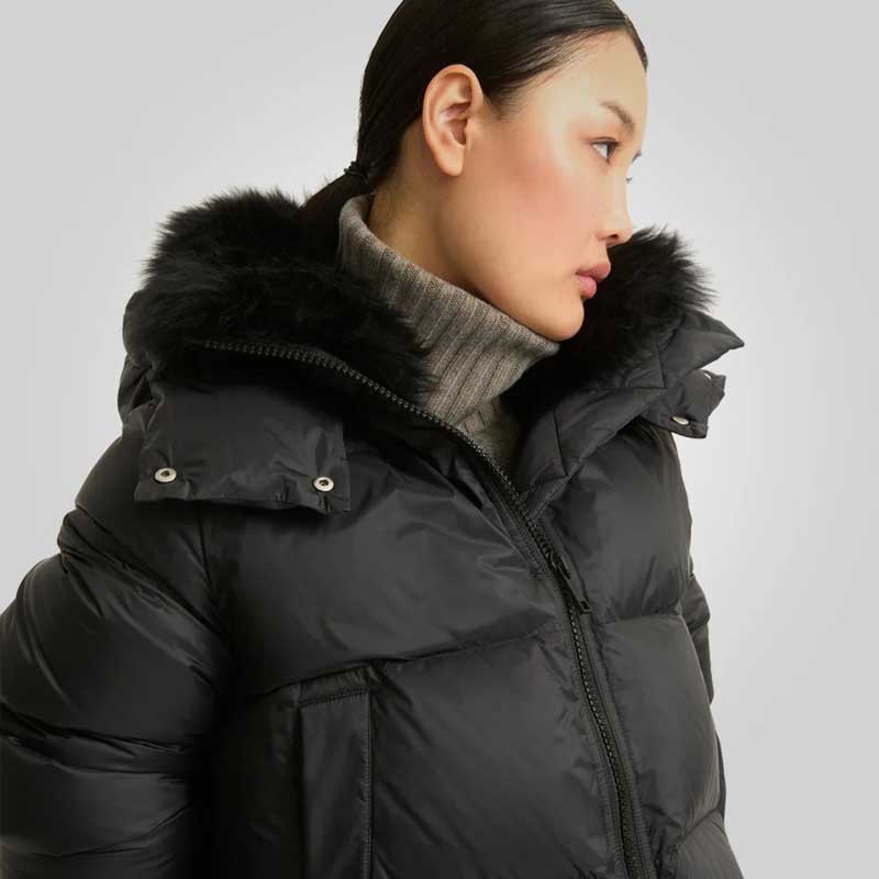 Black Down Puffer Jacket with Fur Lining for Women