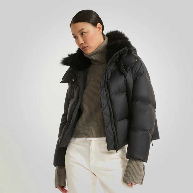 Black Down Puffer Jacket with Fur Lining for Women