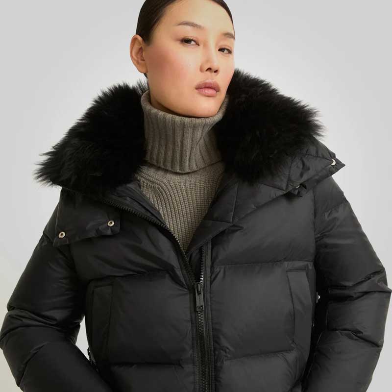 Black Down Puffer Jacket with Fur Lining for Women