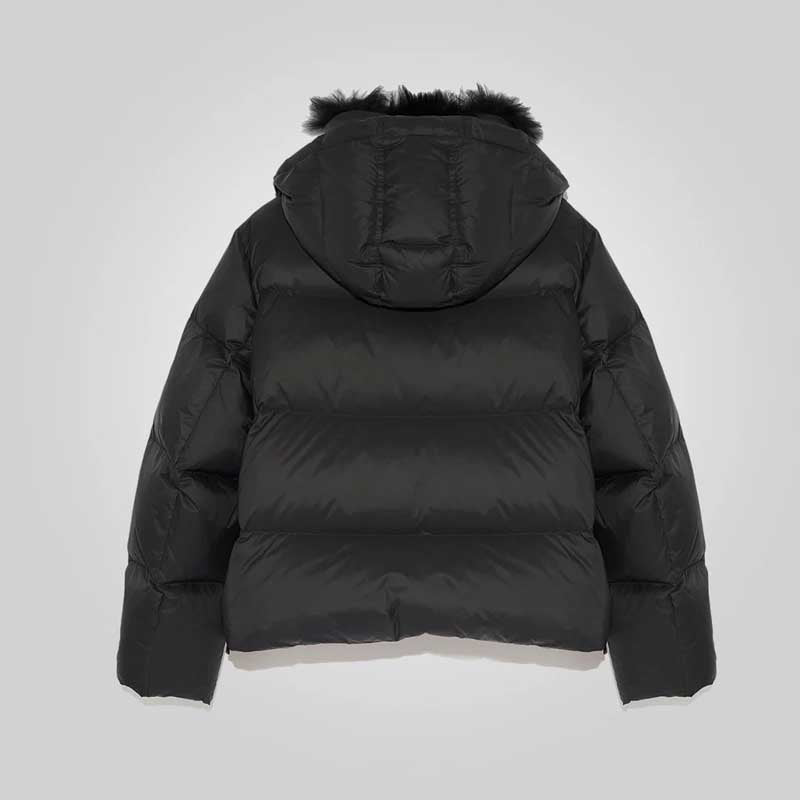 Black Down Puffer Jacket with Fur Lining for Women