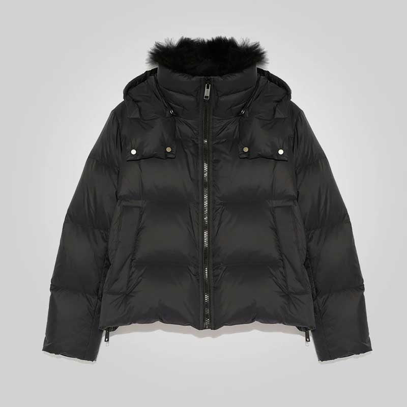 Black Down Puffer Jacket with Fur Lining for Women