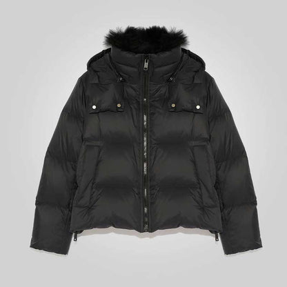 Black Down Puffer Jacket with Fur Lining for Women