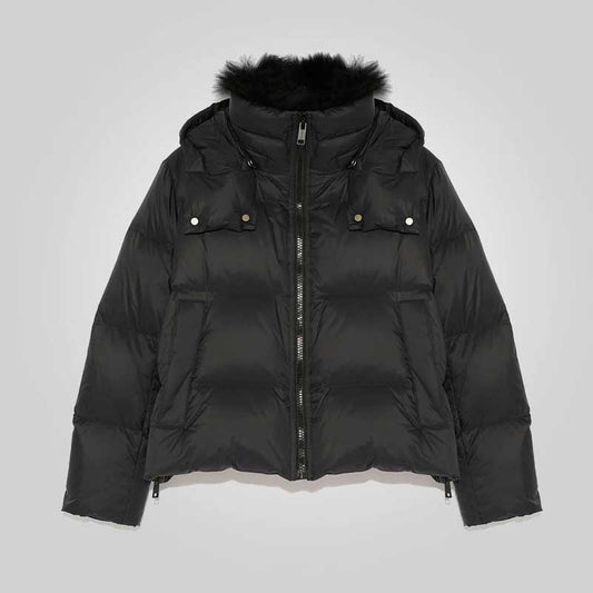 Black Down Puffer Jacket with Fur Lining for Women