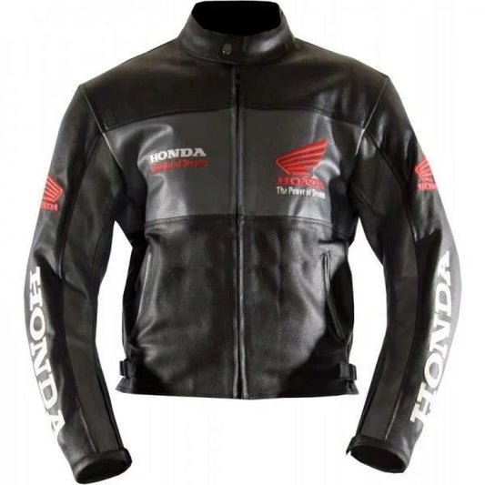Black Honda Real Cowhide Leather Motorbike Jacket