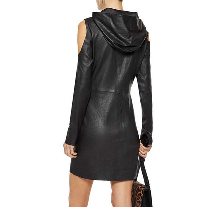 Women's Black Lambskin Leather Dress with Hooded Cold Shoulder Design
