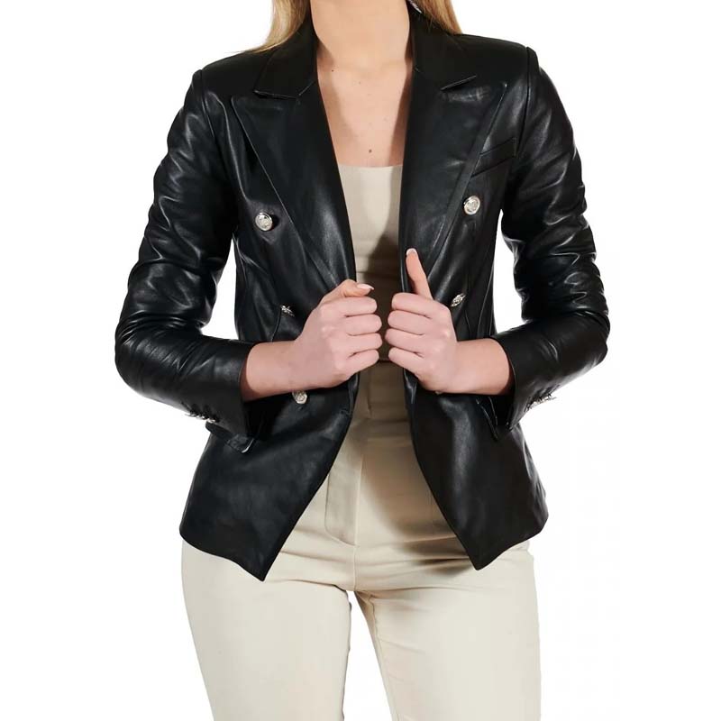 Women's Black Sheepskin Leather Coat with Double Breasted Tailored Design