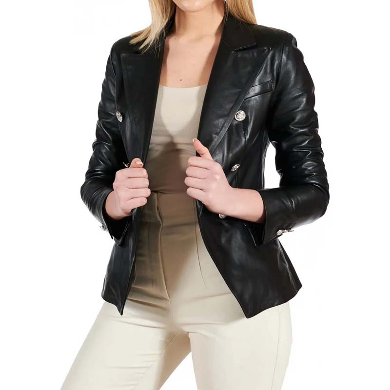 Women's Black Sheepskin Leather Coat with Double Breasted Tailored Design