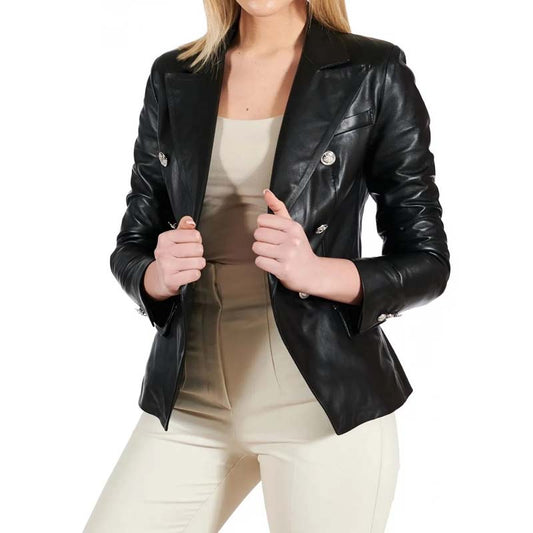 Women's Black Sheepskin Leather Coat with Double Breasted Tailored Design