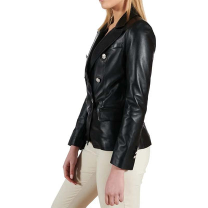 Women's Black Sheepskin Leather Coat with Double Breasted Tailored Design