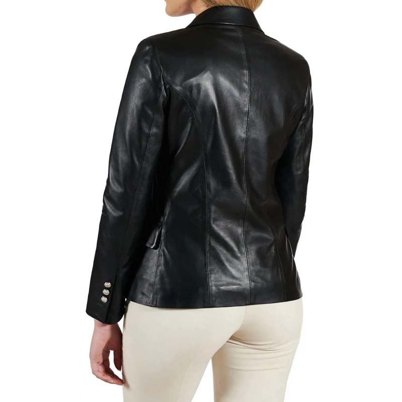 Women's Black Sheepskin Leather Coat with Double Breasted Tailored Design