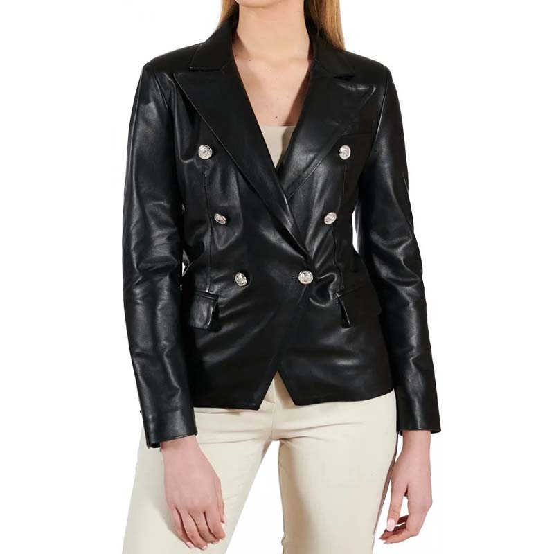 Women's Black Sheepskin Leather Coat with Double Breasted Tailored Design