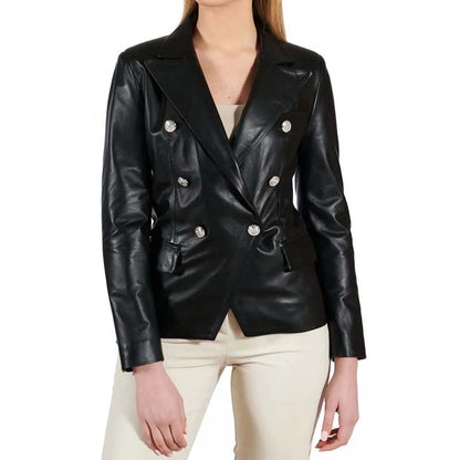 Women's Black Sheepskin Leather Coat with Double Breasted Tailored Design