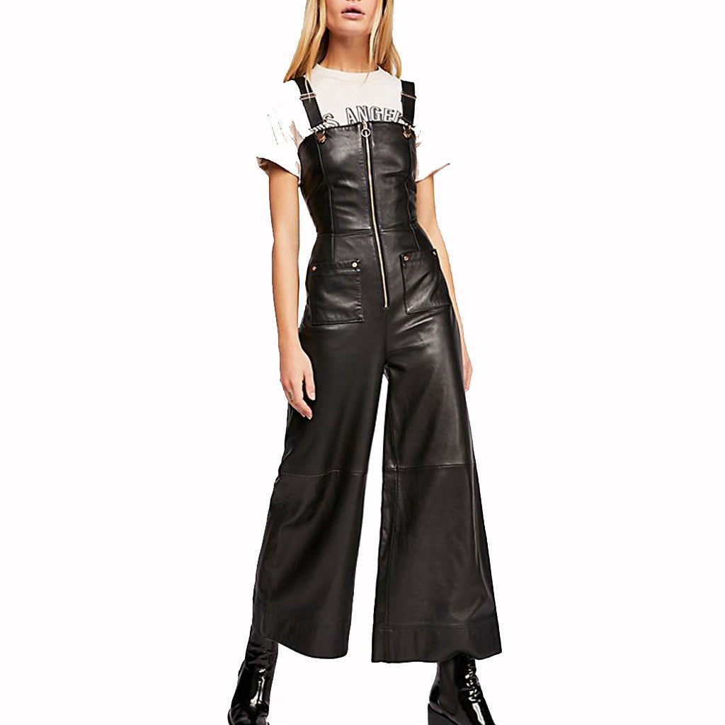 Women's Black Lambskin Leather Jumpsuit with Wide Leg Design