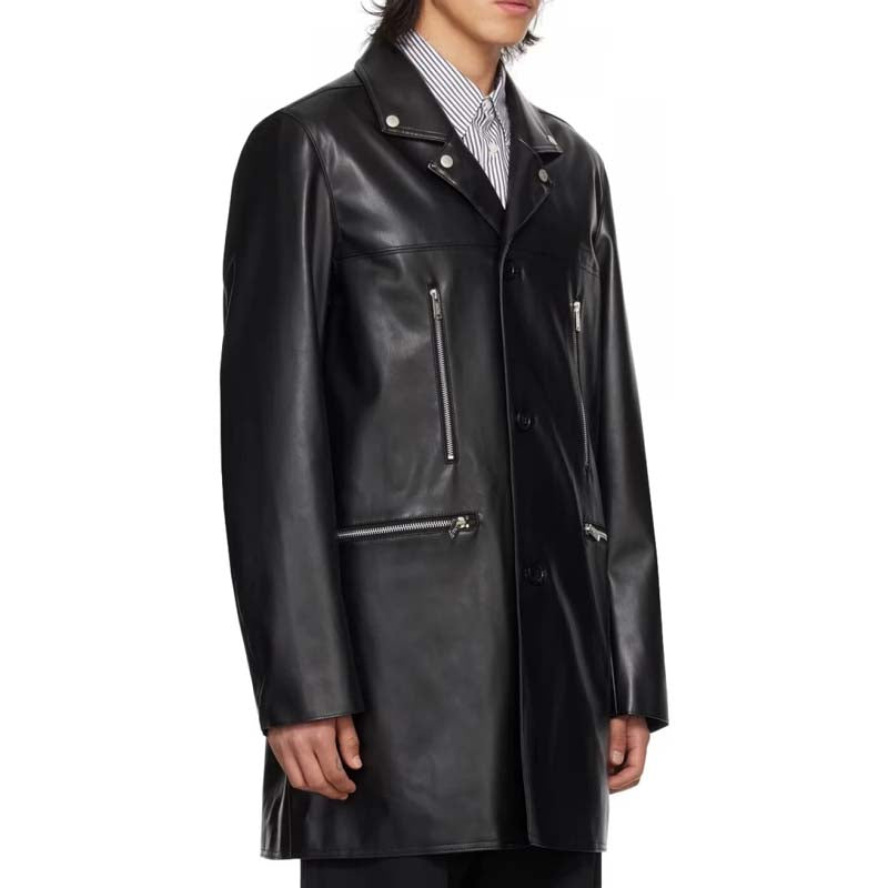 Men's Black Sheepskin Leather Long Coat with Zip Pocket Detail