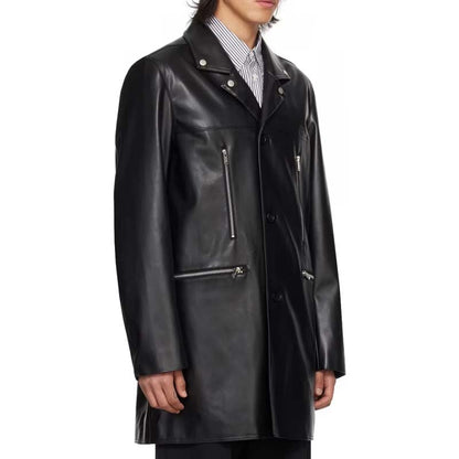 Men's Black Sheepskin Leather Long Coat with Zip Pocket Detail