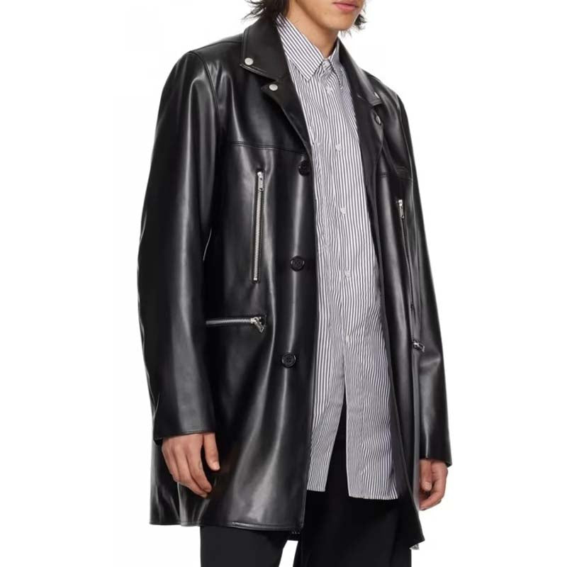Men's Black Sheepskin Leather Long Coat with Zip Pocket Detail