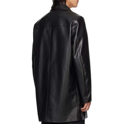 Men's Black Sheepskin Leather Long Coat with Zip Pocket Detail