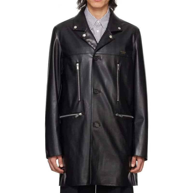 Men's Black Sheepskin Leather Long Coat with Zip Pocket Detail